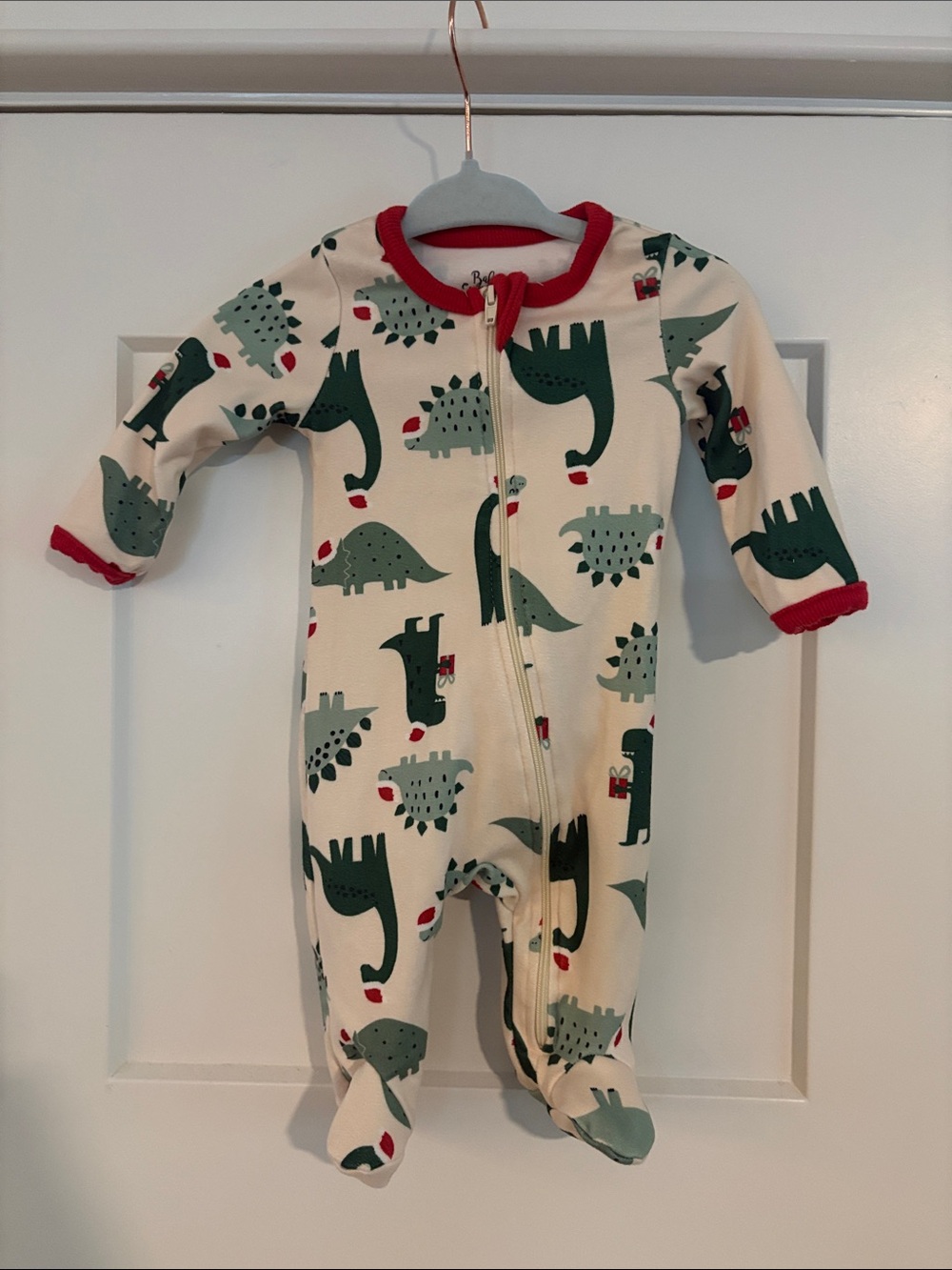 Baby Essentials Cream and Green Dino Print Zipped Footie Santa Hat Baby Boy